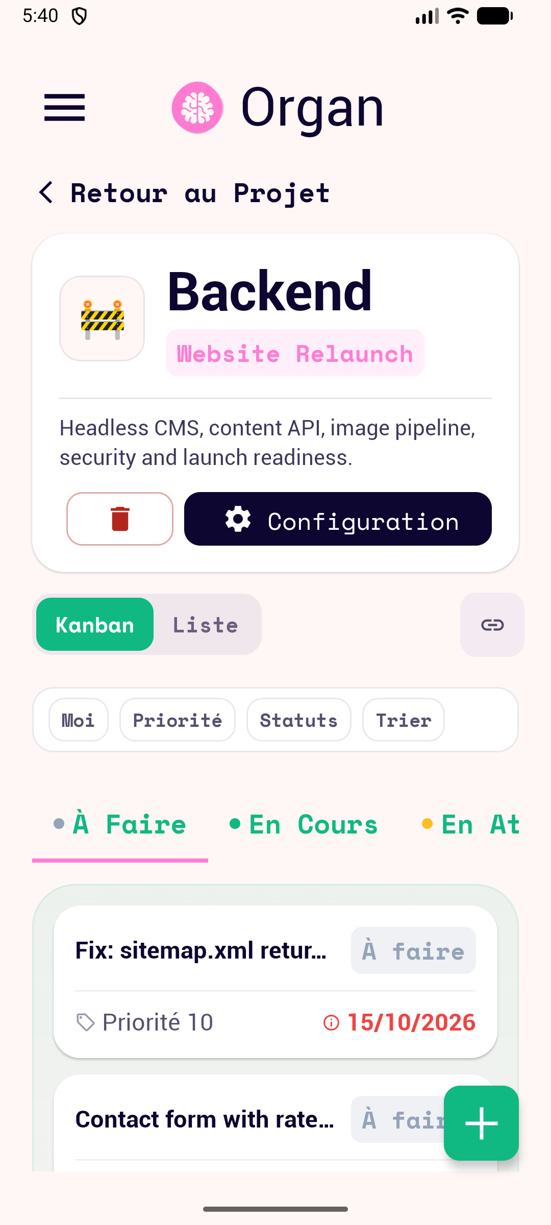 Application Android d'Organ, écran : Kanban