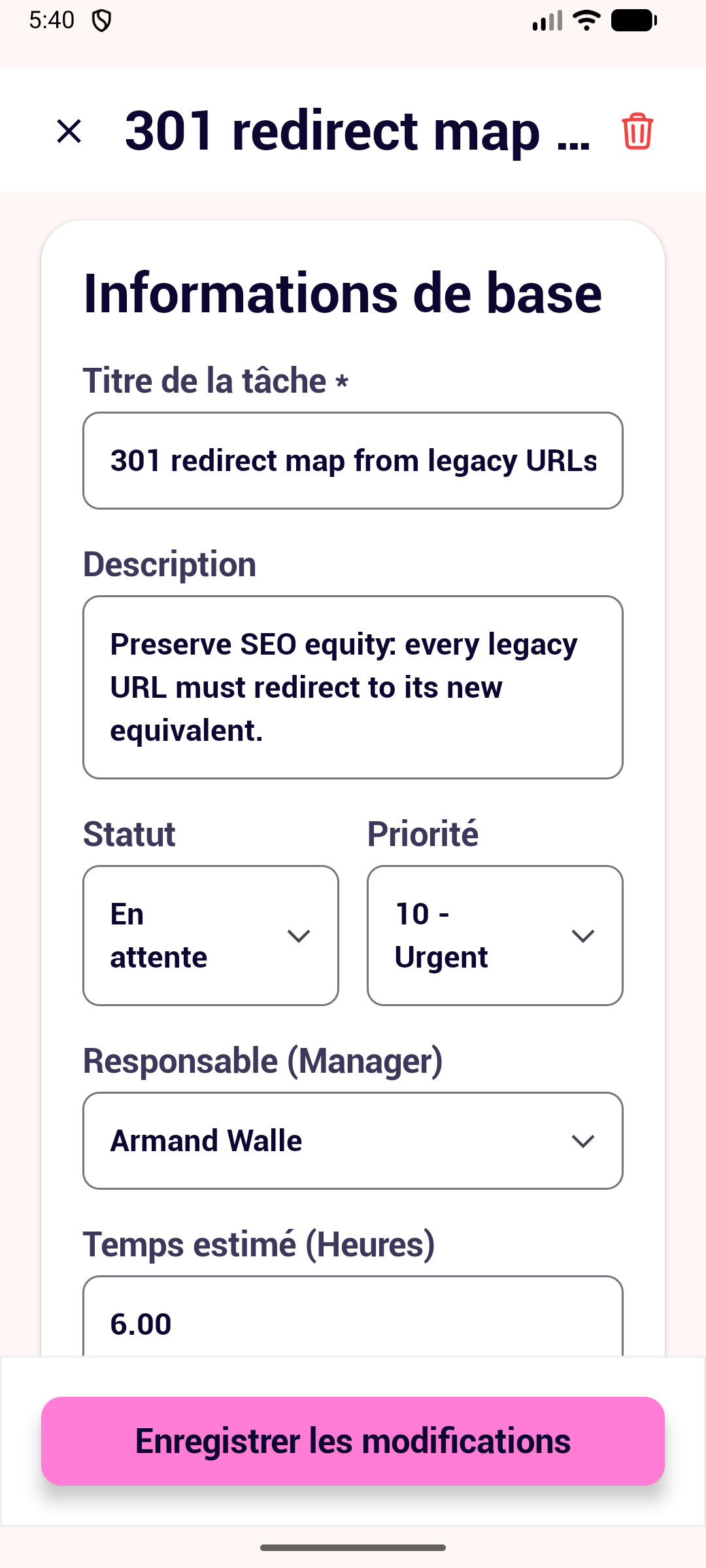 Application Android d'Organ, écran : Fiche de tâche