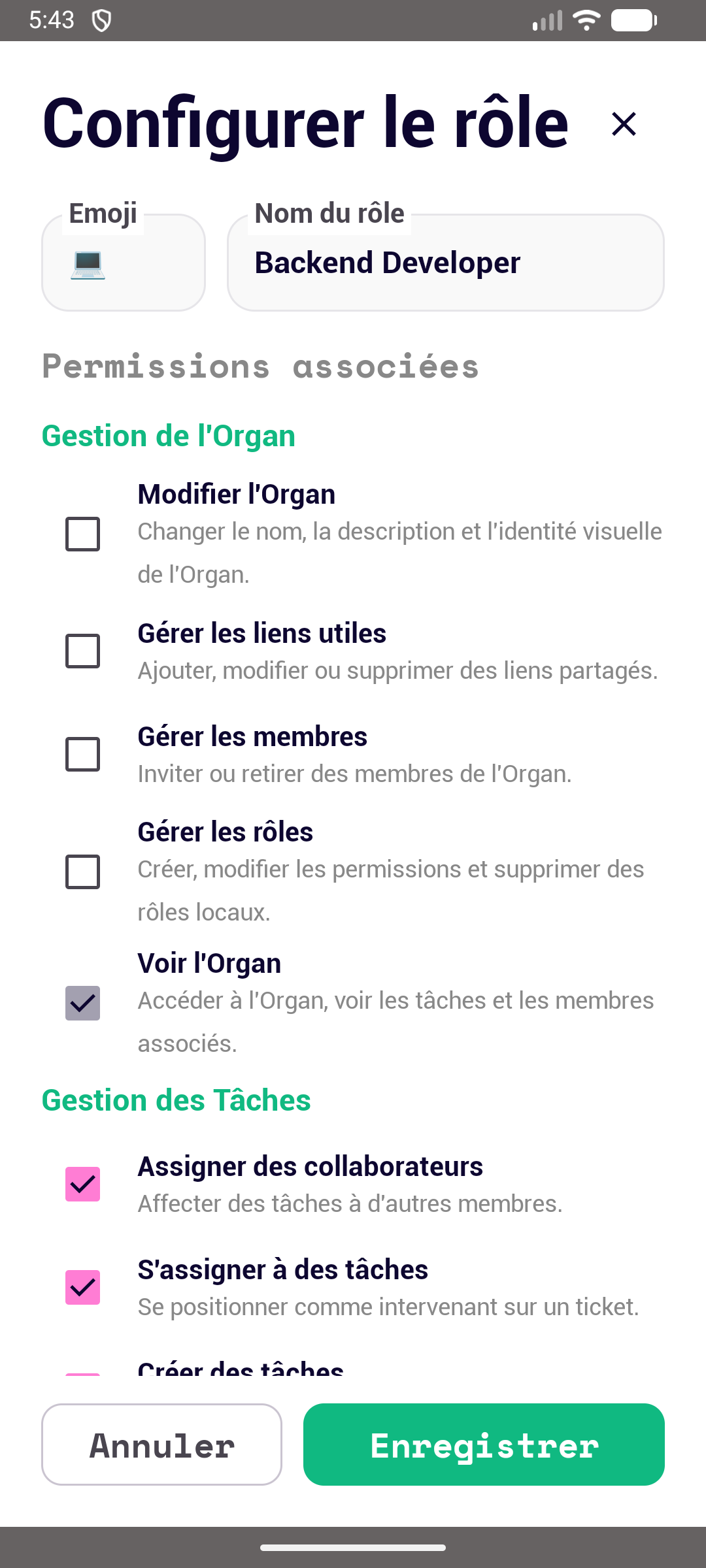 Application Android d'Organ, écran : Permissions groupées
