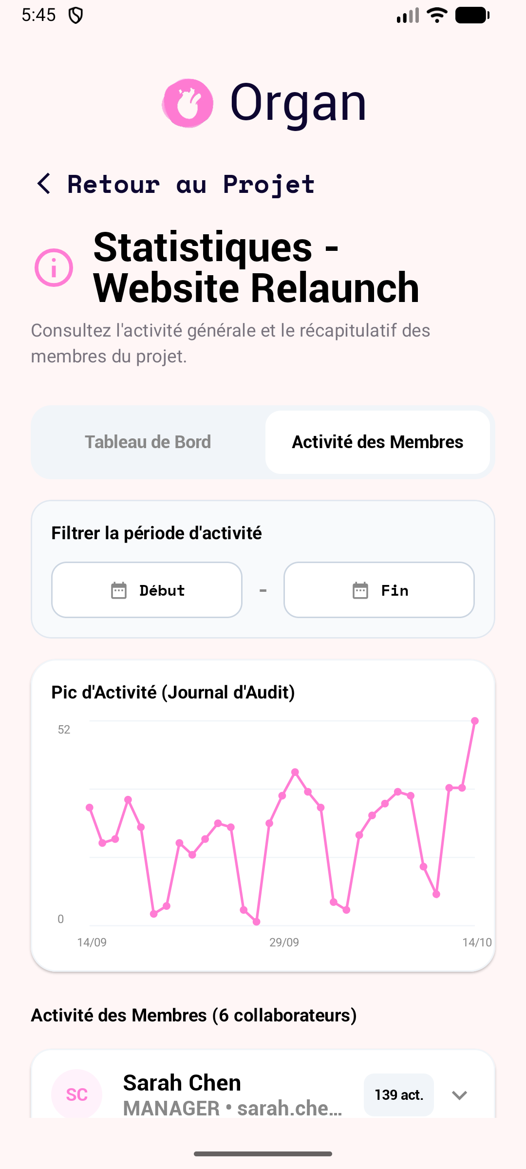 Application Android d'Organ, écran : Membres et activité