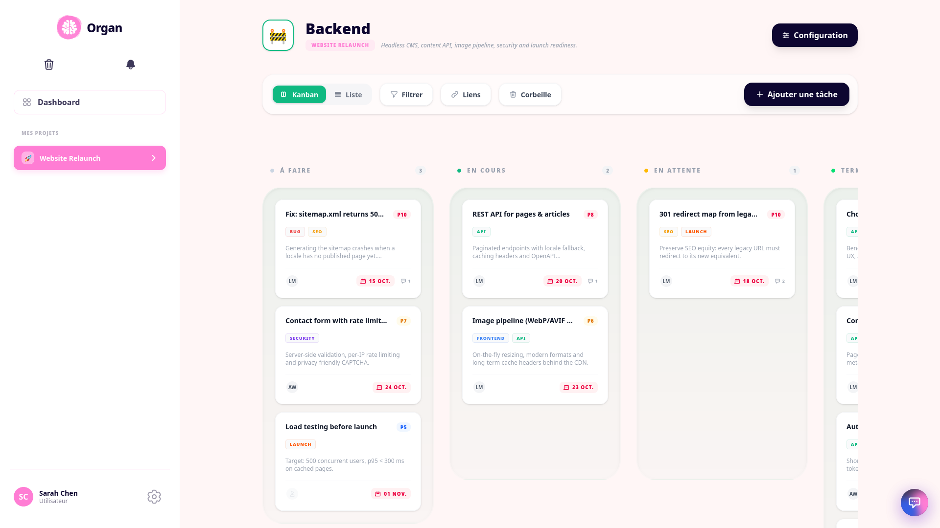 Kanban d'un organ : colonnes par statut, priorités, étiquettes, échéances.