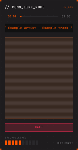 Capture of the COMM_LINK_NODE audio player: track playing, progress bar, stop button and volume level, with a demonstration track.